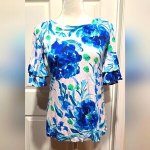 Lilly Pulitzer Blue and Green Ruffled 3/4 Sleeve Lula Top